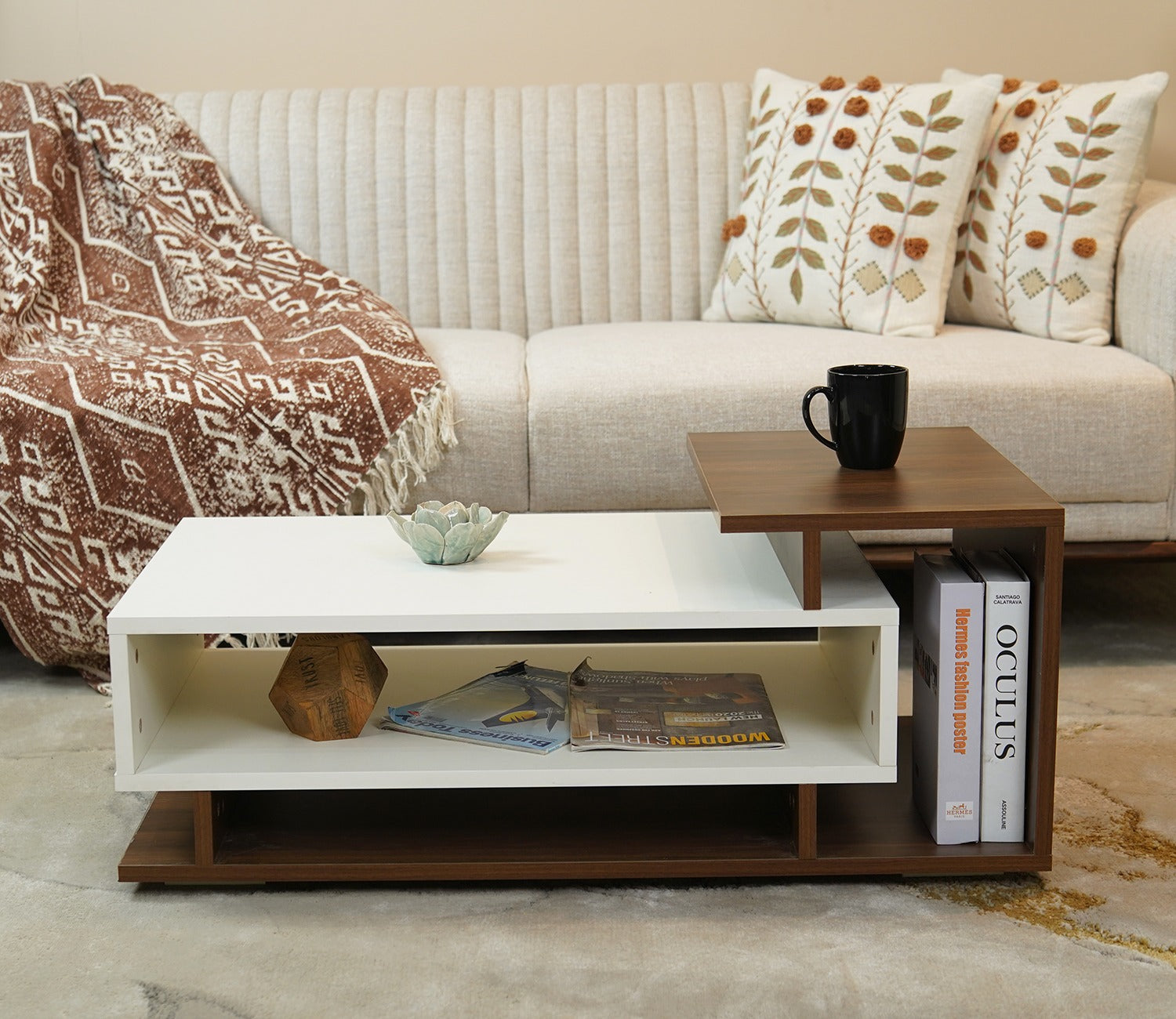 Jevon Engineered Wood Dual Finish Coffee and Centre Table (Columbian Walnut White Finish)