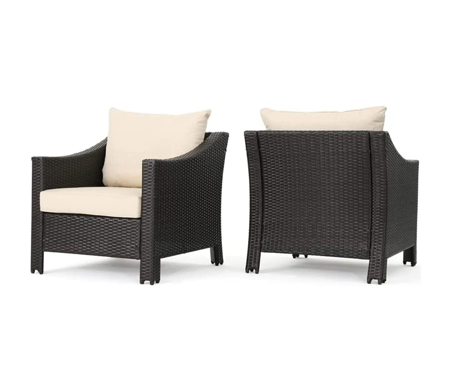 Dark Brown Rattan And Wicker Patio Chair with Cream Cushions (Set Of 2)