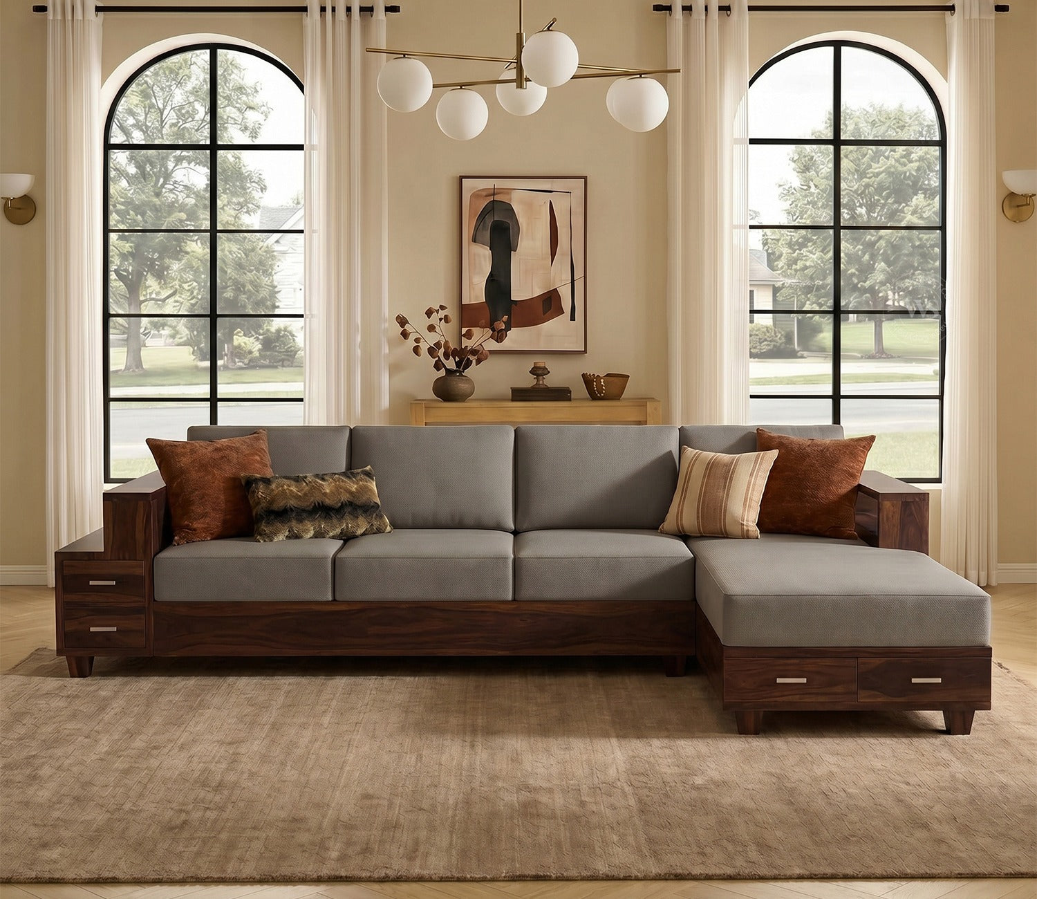 Solace L-Shape Right Aligned 4 Seater Sheesham Wood Sofa (Walnut Finish, Warm Grey)
