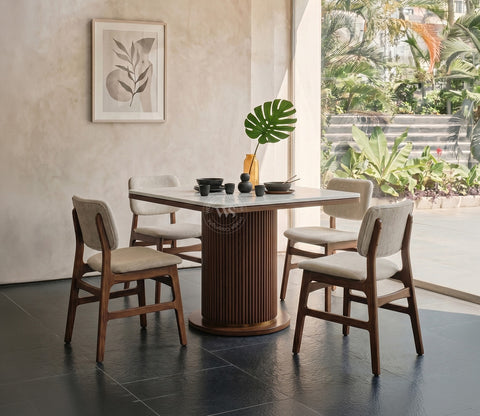 Samanvi 4 Seater Sheesham Wood Dining Table Set with Saumik Marble Top Table and Vinara Chair (Cottage Ivory)