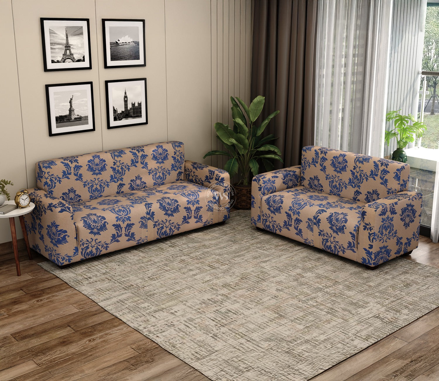Grace Floral Printed Polyester Spandex 3+2 Sofa Cover Set (Blue)