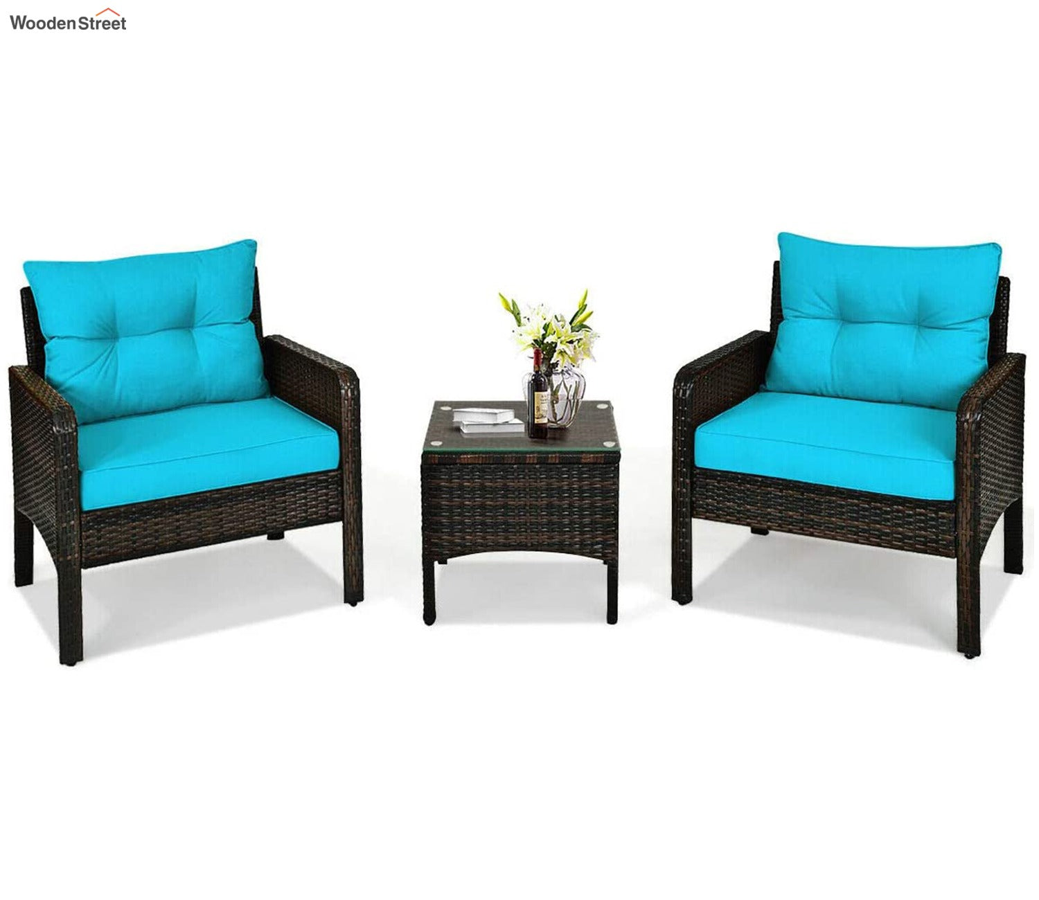 Dark Brown Rattan And Wicker 2 Seater Set With Table And Cushions