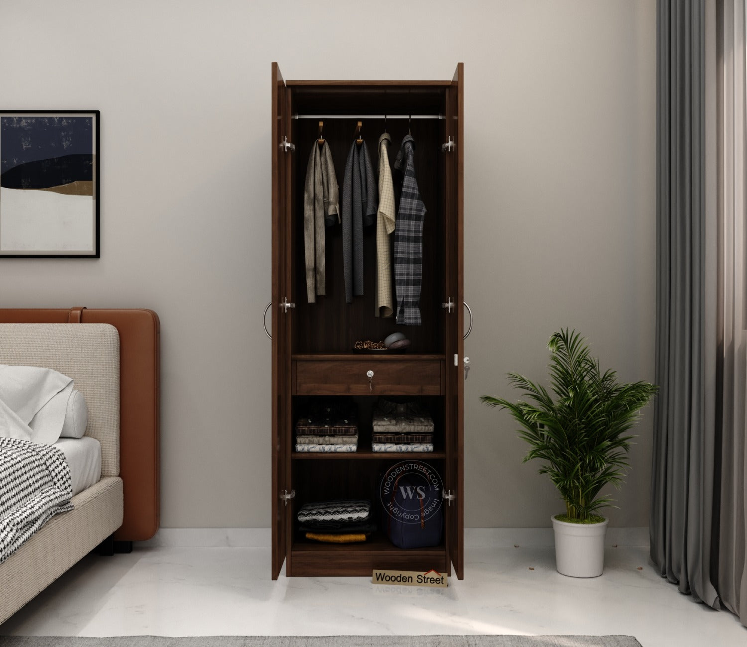 Lillian 2 Door Wardrobe with Drawer Storage and Hanging Rod (Columbian Walnut Finish)