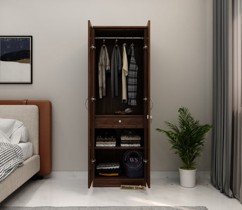 Lillian 2 Door Wardrobe with Drawer Storage and Hanging Rod (Columbian Walnut Finish)