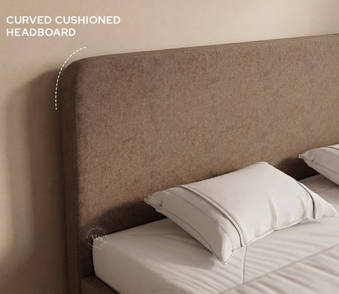 Andreas Premium Fabric Bed with Curved Headboard & Without Storage (Queen Size, Sand Brown)