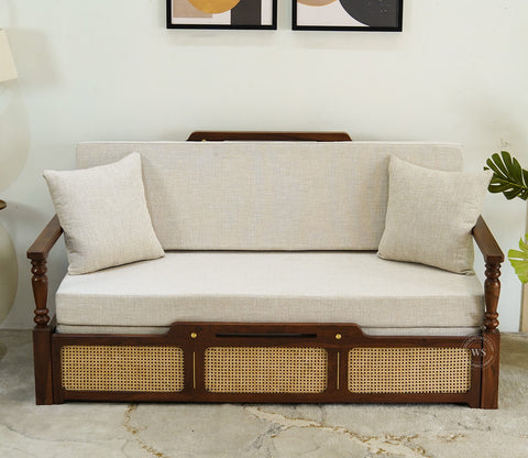 Ayaana Sheesham Wood 3 Seater Sofa Cum Bed with Cane Weaving | Opens to Double Bed (78x62) | Premium Upholstery | Sleeps 2 Adults (Teak Finish, Jade Ivory)
