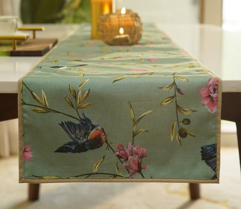 Bird on Branch Printed Cotton Table Runner (Teal, 13 x 72 Inches)