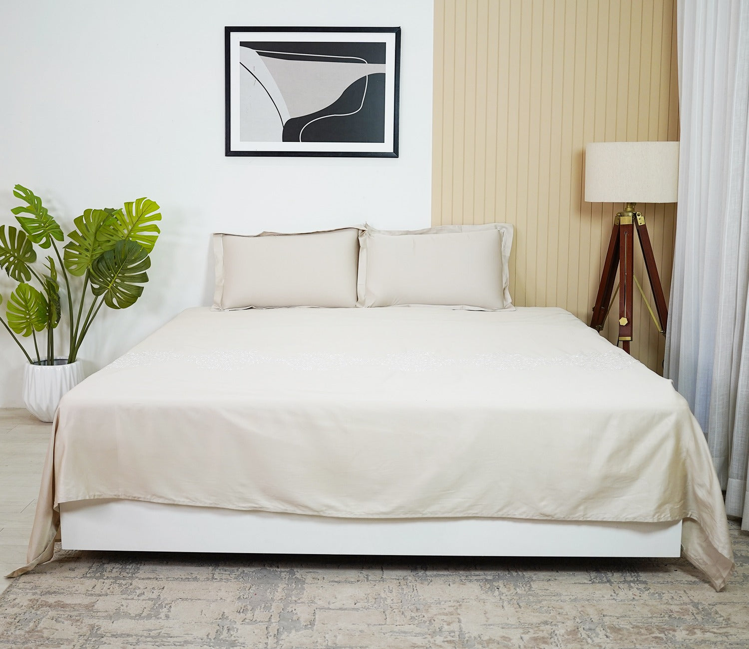Foliate Embroidery 300 TC Flat Pure Cotton King Size Bedsheet With 2 Pillow Covers (Grey)