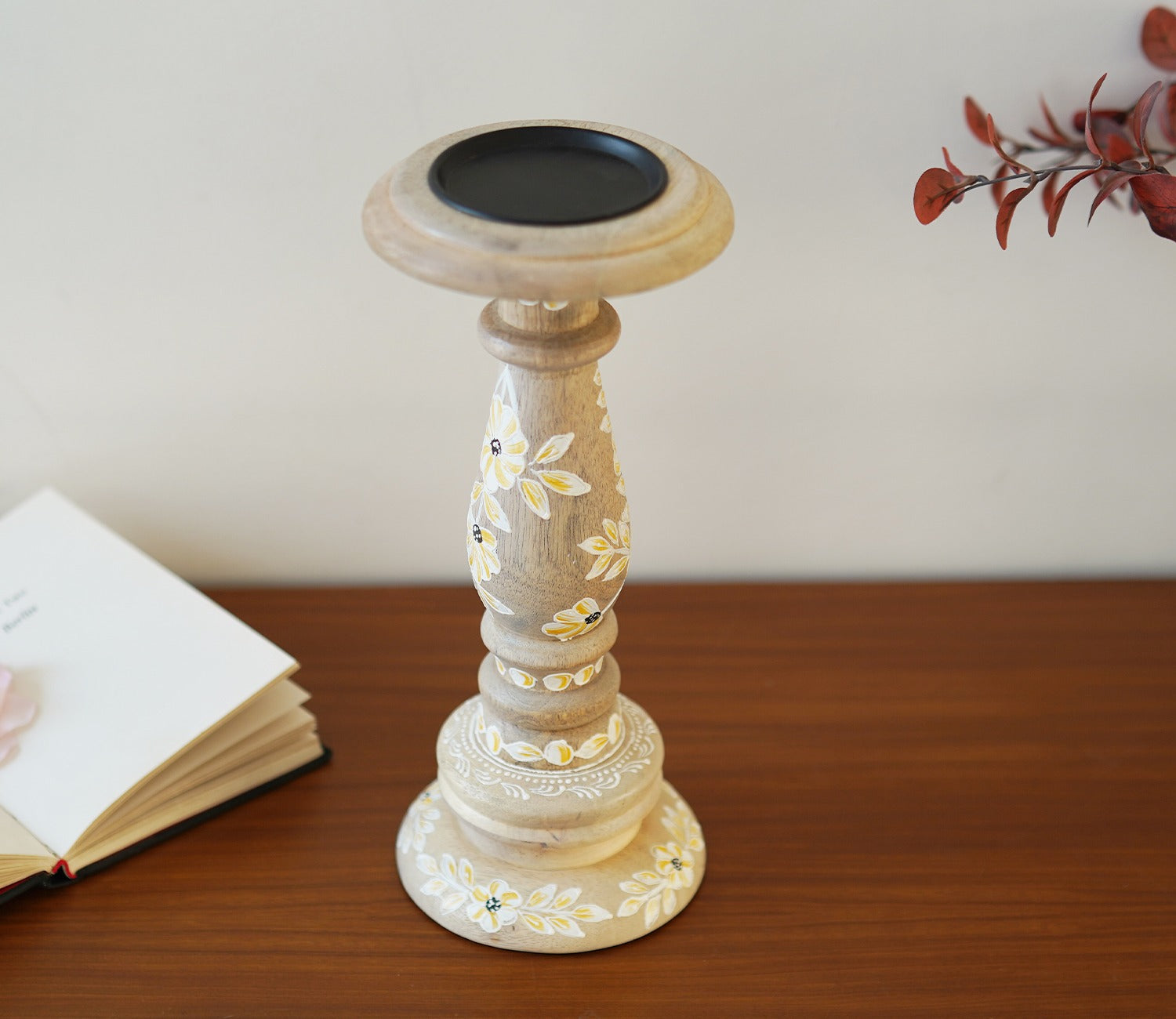 Adiva Floral Hand Painted Wooden Small Pillar Candle Stand