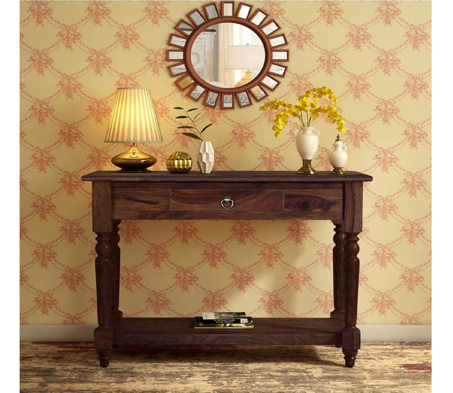 Wooden Carved Partition Leave Design Console Table