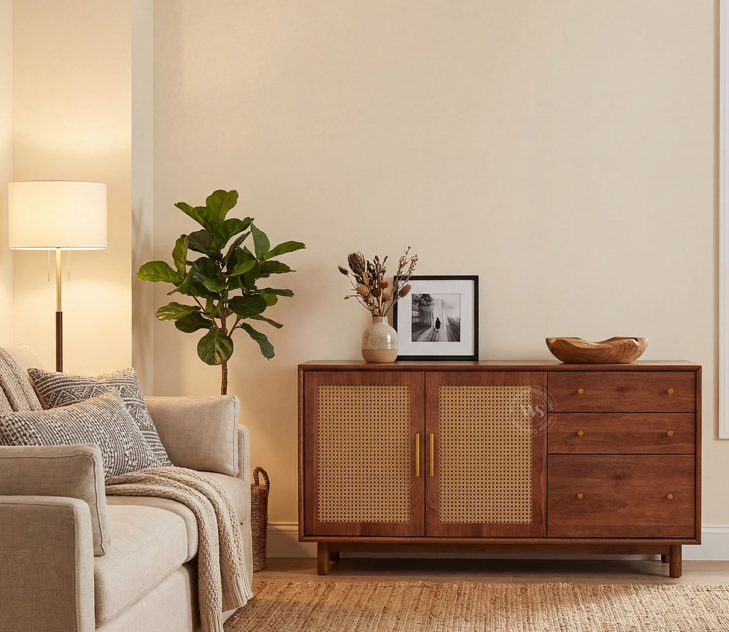 Tanay Mango Wood Sideboard with Cane Accents (Teak Finish)