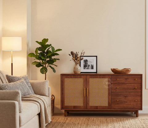 Tanay Mango Wood Sideboard with Cane Accents (Teak Finish)