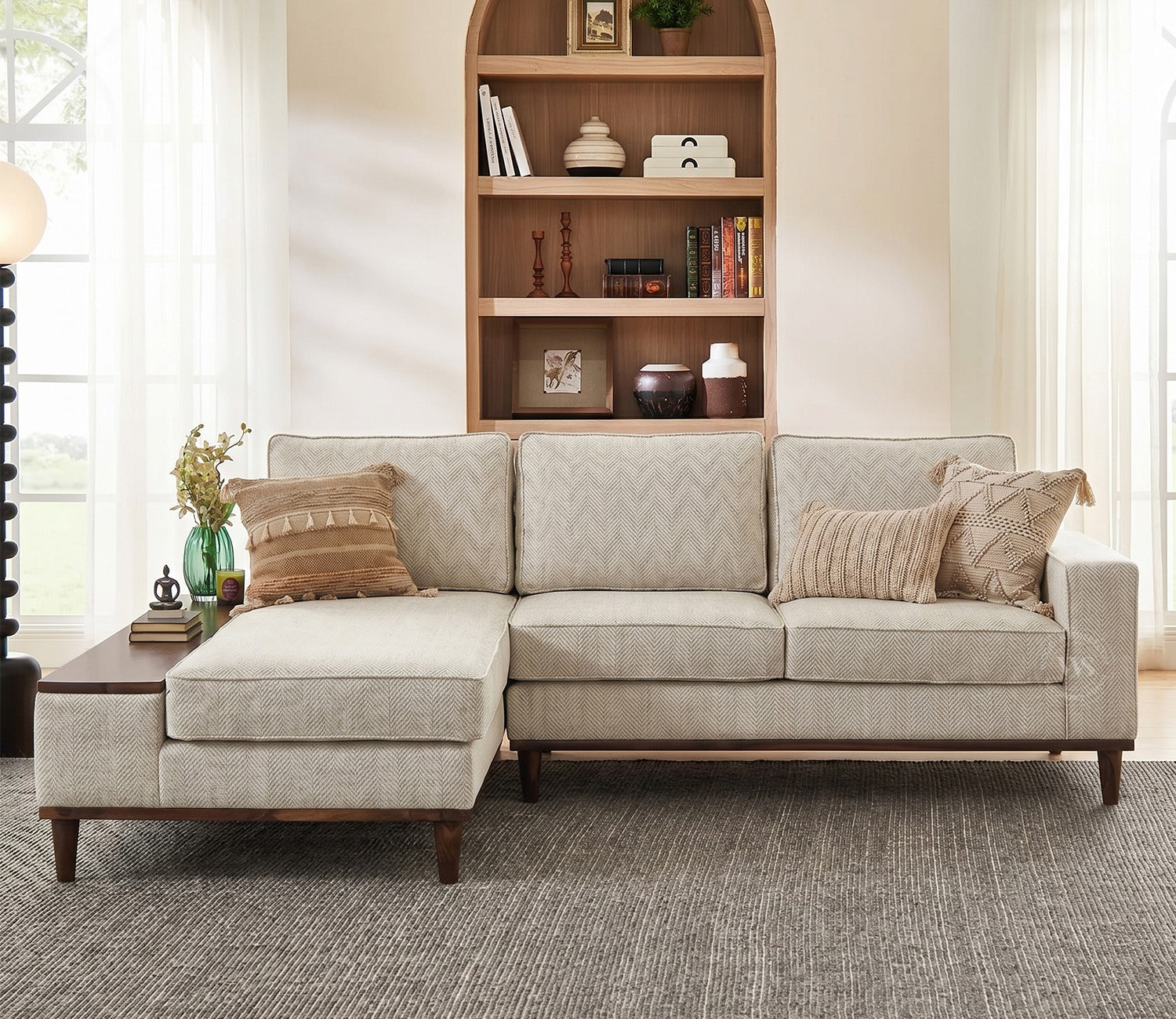 Ashion Premium Left Aligned L Shape Sofa with Built-in Side Wooden Deck (Cottage Ivory)