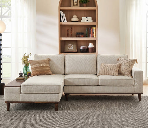 Ashion Premium Left Aligned L Shape Sofa with Built-in Side Wooden Deck (Cottage Ivory)