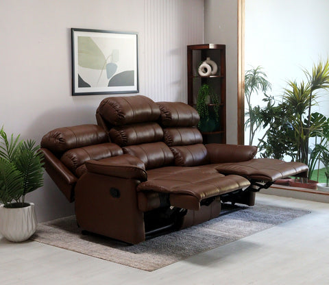 Valencia Motorized Leatherette Three Seater Middle Seat Fixed Recliner (Saddle Brown)