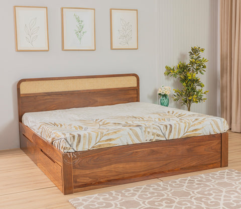 Balikos Sheesham Wood Bed with Drawer Storage and Cane Detailing (King Size, Teak Finish)