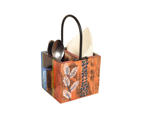 Multicolor Leaf Handcrafted Cutlery Holder in Mango Wood