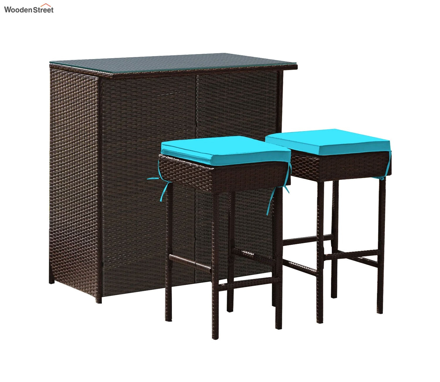 Dark Brown Rattan And Wicker 2 Seater Outdoor Bar Set With Sky Blue Cushions