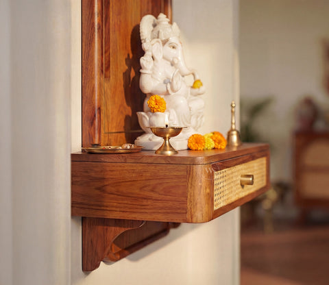 Shoonya Sheesham Wood Home Temple with Brass Detailing and Cane Accents (Teak Finish)