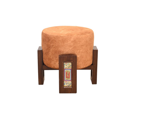 Pouffe Teak Handcrafted Dhokra Mdhbni Orange