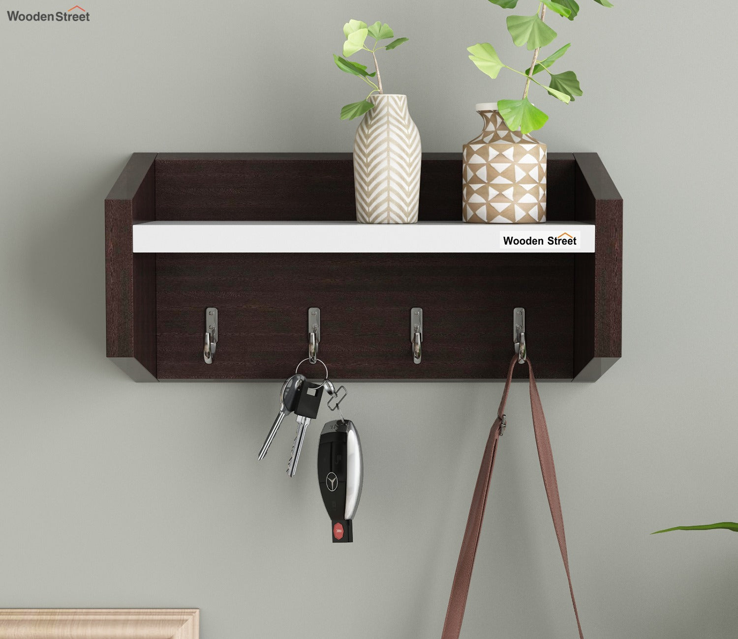 Alex Wall Shelf with Key Holders (Flowery Wenge Frosty White Finish)