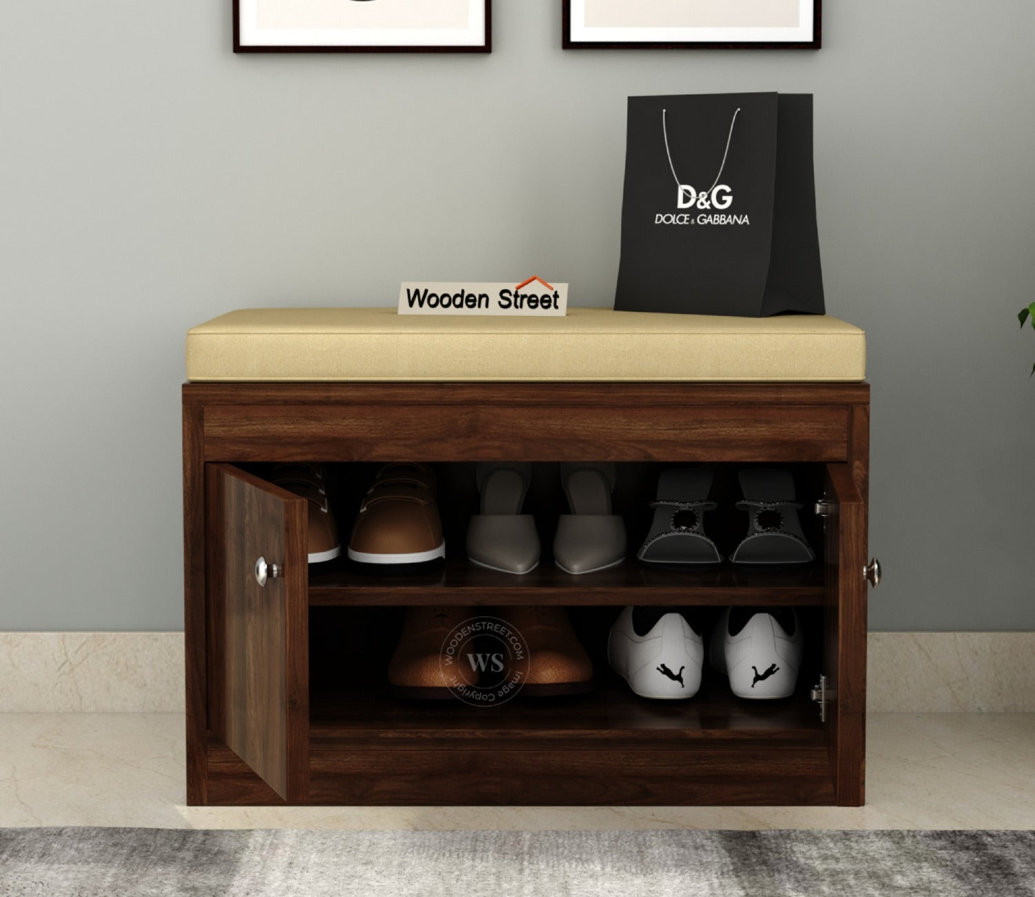 Anton Engineered Wood Shoe Rack with Seating (Columbian Walnut Finish)