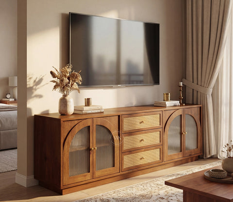 Windsor Premium Mango Wood TV Unit with Fluted Glass Panel Door Cabinets, Cane Detailing (Teak Finish)