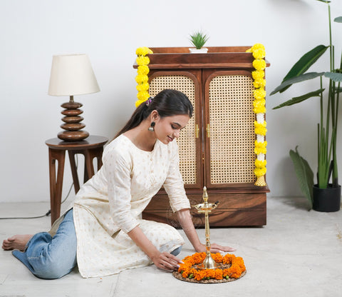 Amogh Sheesham Wood Home Temple with Cane Doors & Drawer Storage (Teak Finish)