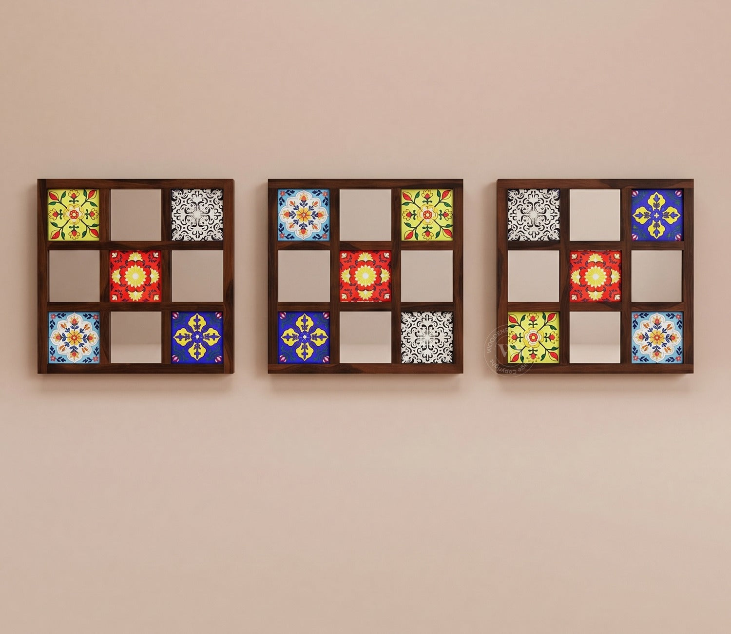 Bohemian Set of 3 Mirror with Frame (Walnut Finish)