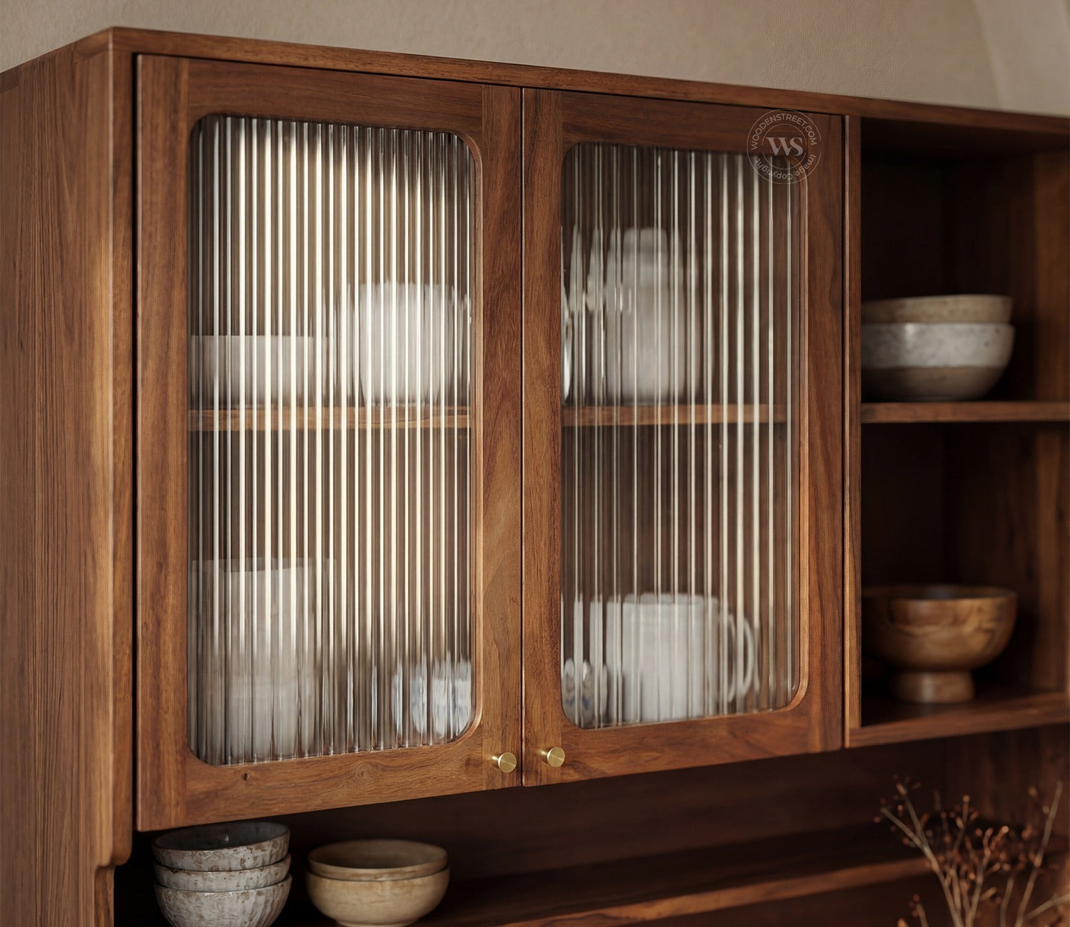 Tripti Classic Kitchen Cabinet with Fluted Glass, Cane Weave & Brass Knobs (Teak Finish)