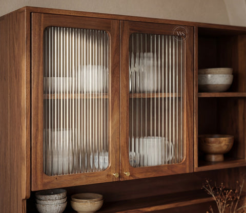 Tripti Classic Kitchen Cabinet with Fluted Glass, Cane Weave & Brass Knobs (Teak Finish)