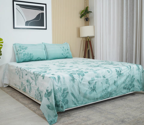 Falling Florals 180 TC  Flat Pure Cotton King Size Bedsheet With 2 Pillow Covers (White)
