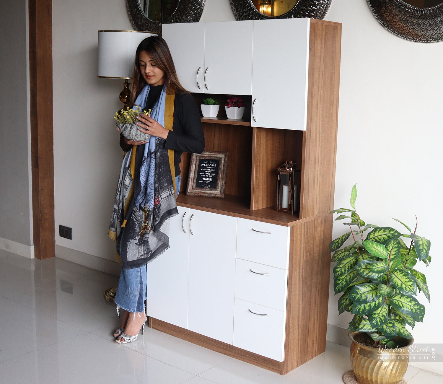 Piero Kitchen Cabinet (Exotic Teak-Frosty White Finish)