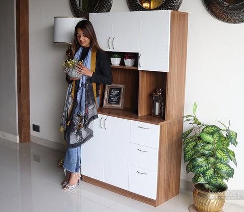 Piero Kitchen Cabinet (Exotic Teak-Frosty White Finish)
