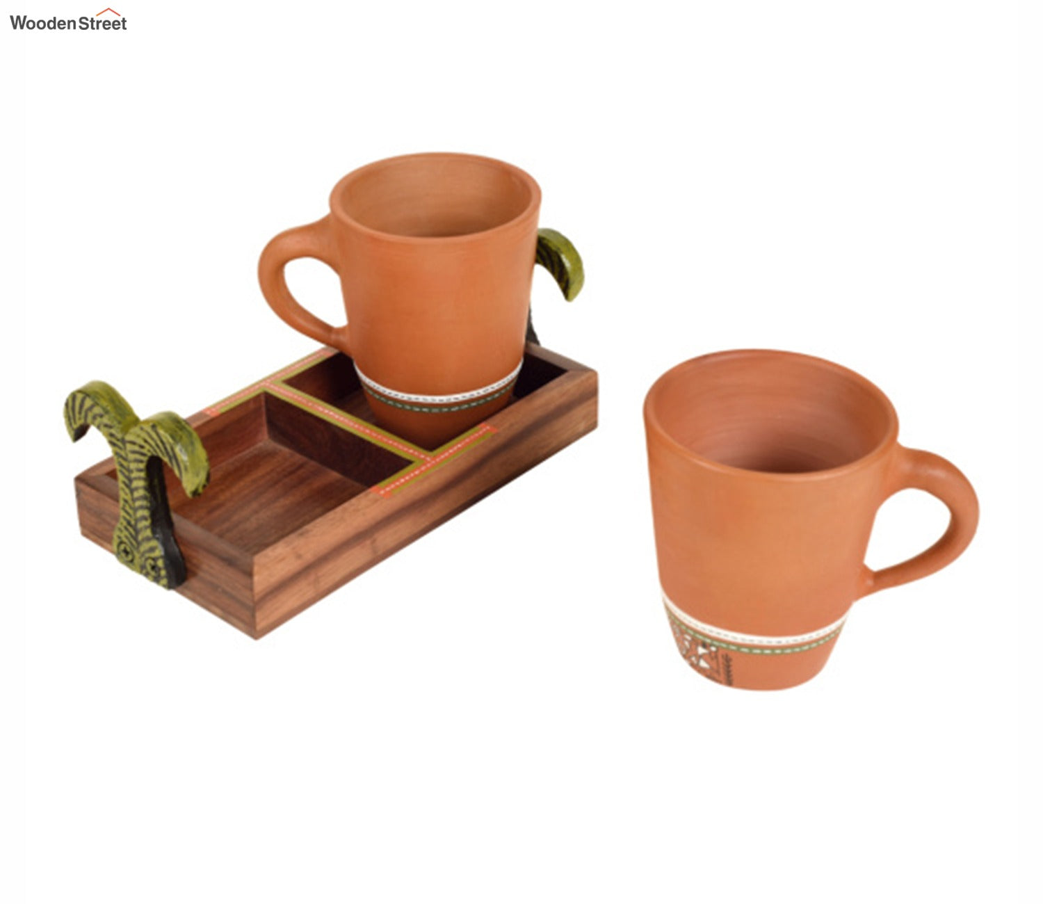 Happy Morning Earthen Coffee Mugs With Metal Handle Tray