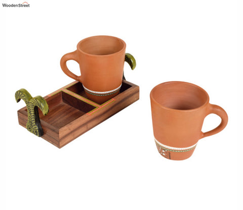 Happy Morning Earthen Coffee Mugs With Metal Handle Tray