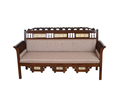 Maharaja Three Seater Sofa in Teakwood with Walnut Finish adorned with Dhokra Brass Frames