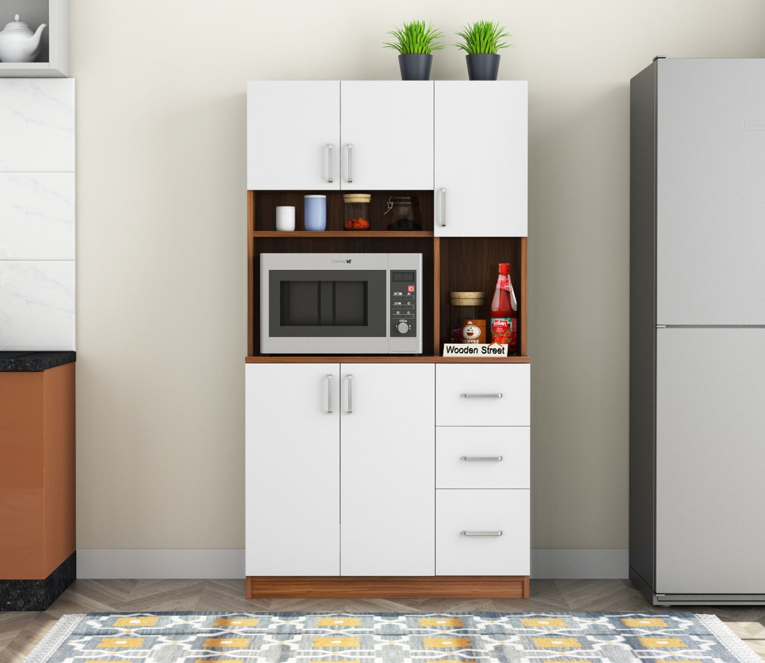 Piero Kitchen Cabinet (Exotic Teak-Frosty White Finish)