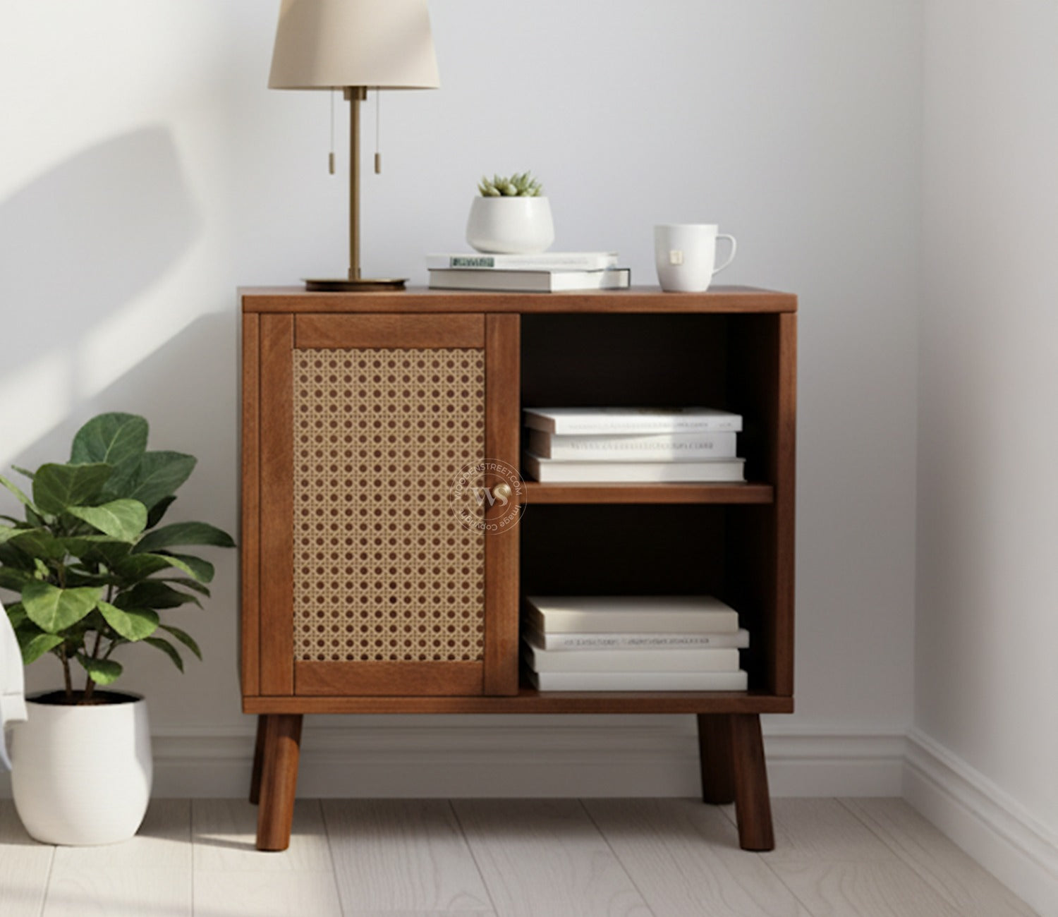 Carmello Mango Wood Bedside Table with Cane Detailing & Open Shelves (Teak Finish)