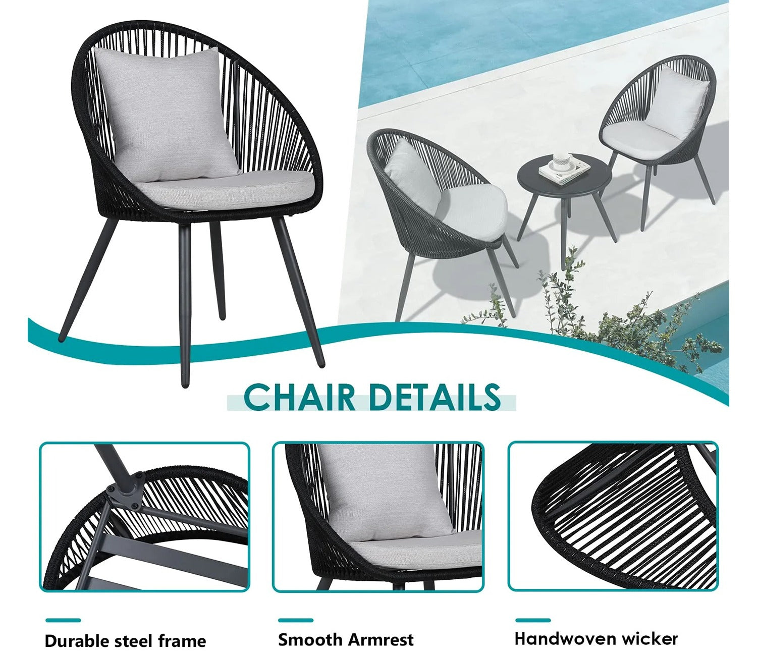 Black Rope 2 Seater Chair With Table And Off White Cushions Patio Set