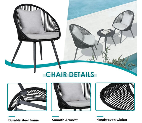 Black Rope 2 Seater Chair With Table And Off White Cushions Patio Set