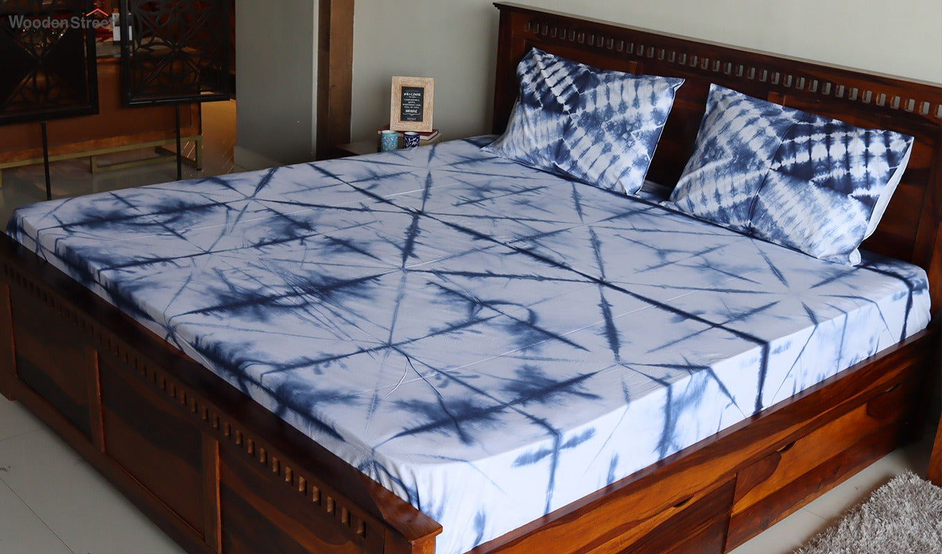 Tie and Die Indigo Contrast Double Bed Sheet with Pillow Covers