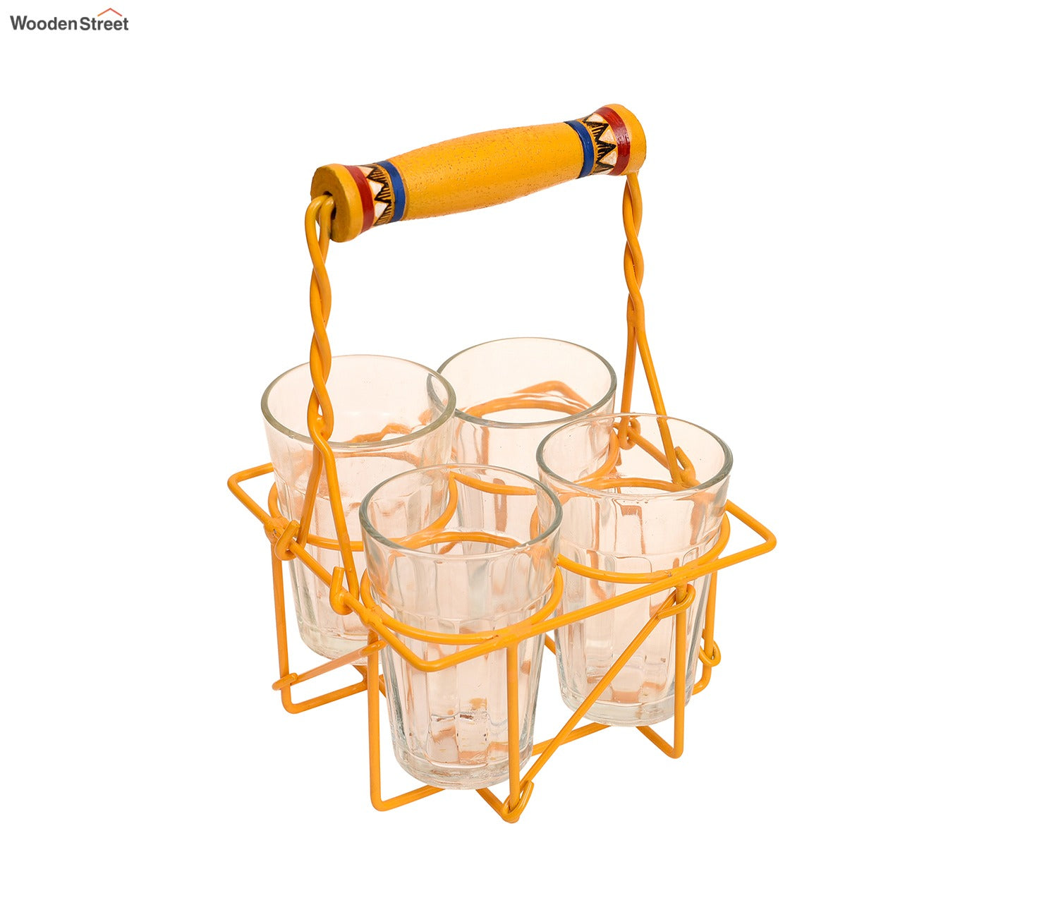 Cutting Chai in Yellow Handpainted Metal Stand - Set of 4