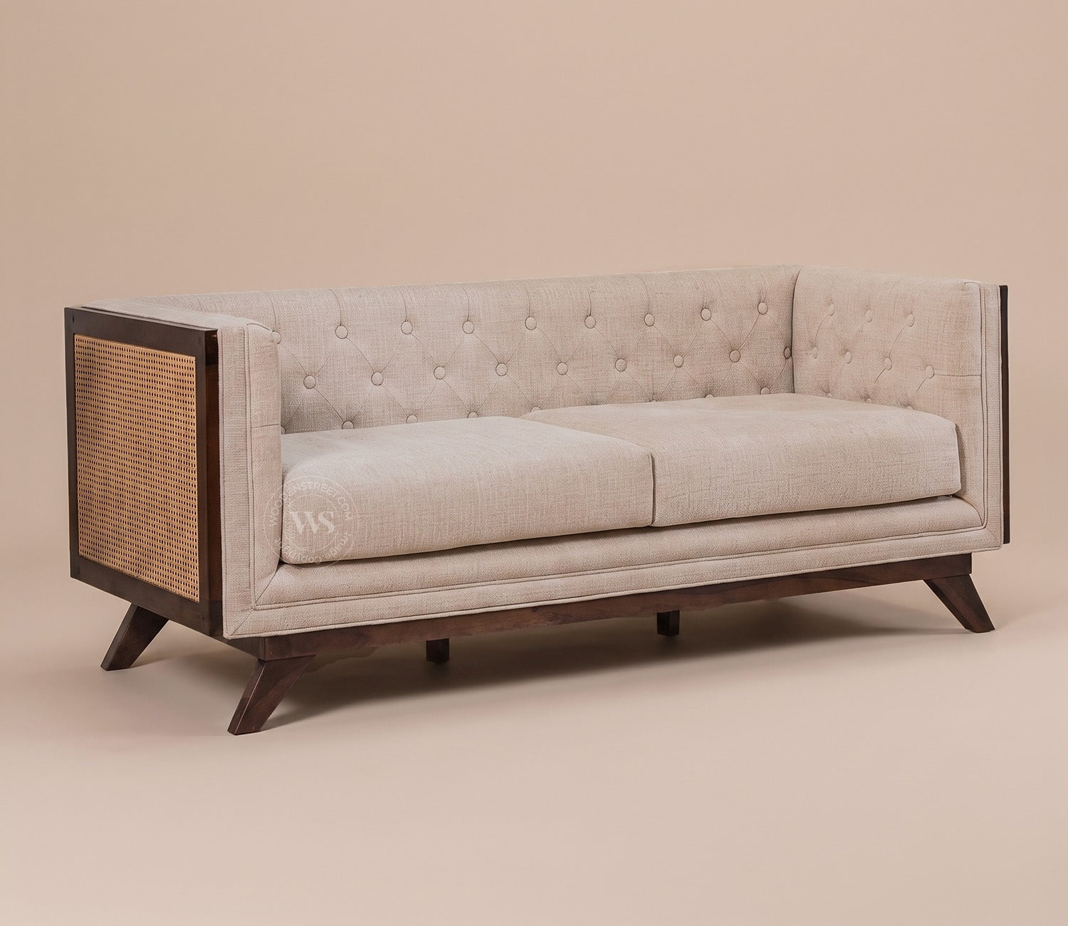 Samvaad 3 Seater Sofa with Cane Accents (Cotton, Jade Ivory)