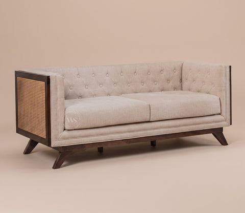 Samvaad 3 Seater Sofa with Cane Accents (Cotton, Jade Ivory)