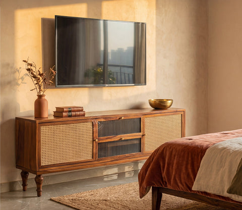 Murphy Premium Solid Wood TV Unit With Drawers, Cane & Brass Accents (Sheesham Wood, Teak Finish)