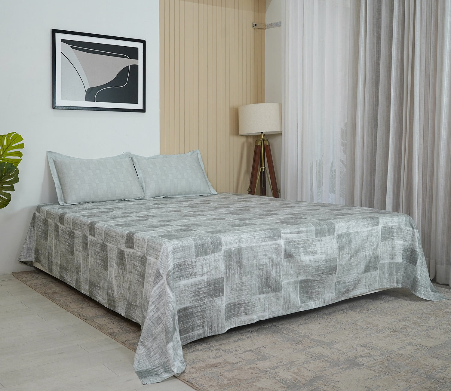 Brick 300 TC Flat Pure Cotton King Size Bedsheet With 2 Pillow Covers (Grey)