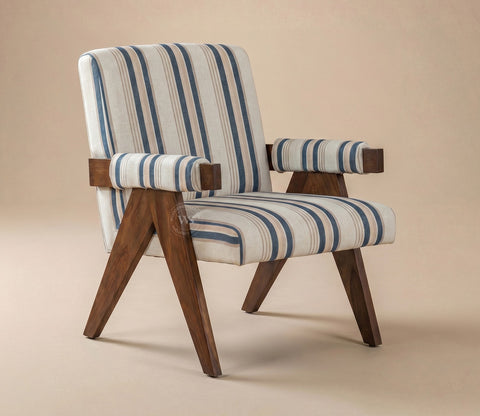 Troupe Sheesham Wood Chandigarh Chair with Premium Upholstery (Blue Stripes, Teak Finish)