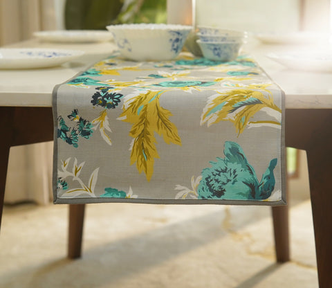 Aqua Bouquet Printed Cotton Table Runner (Grey, 13 x 72 Inches)