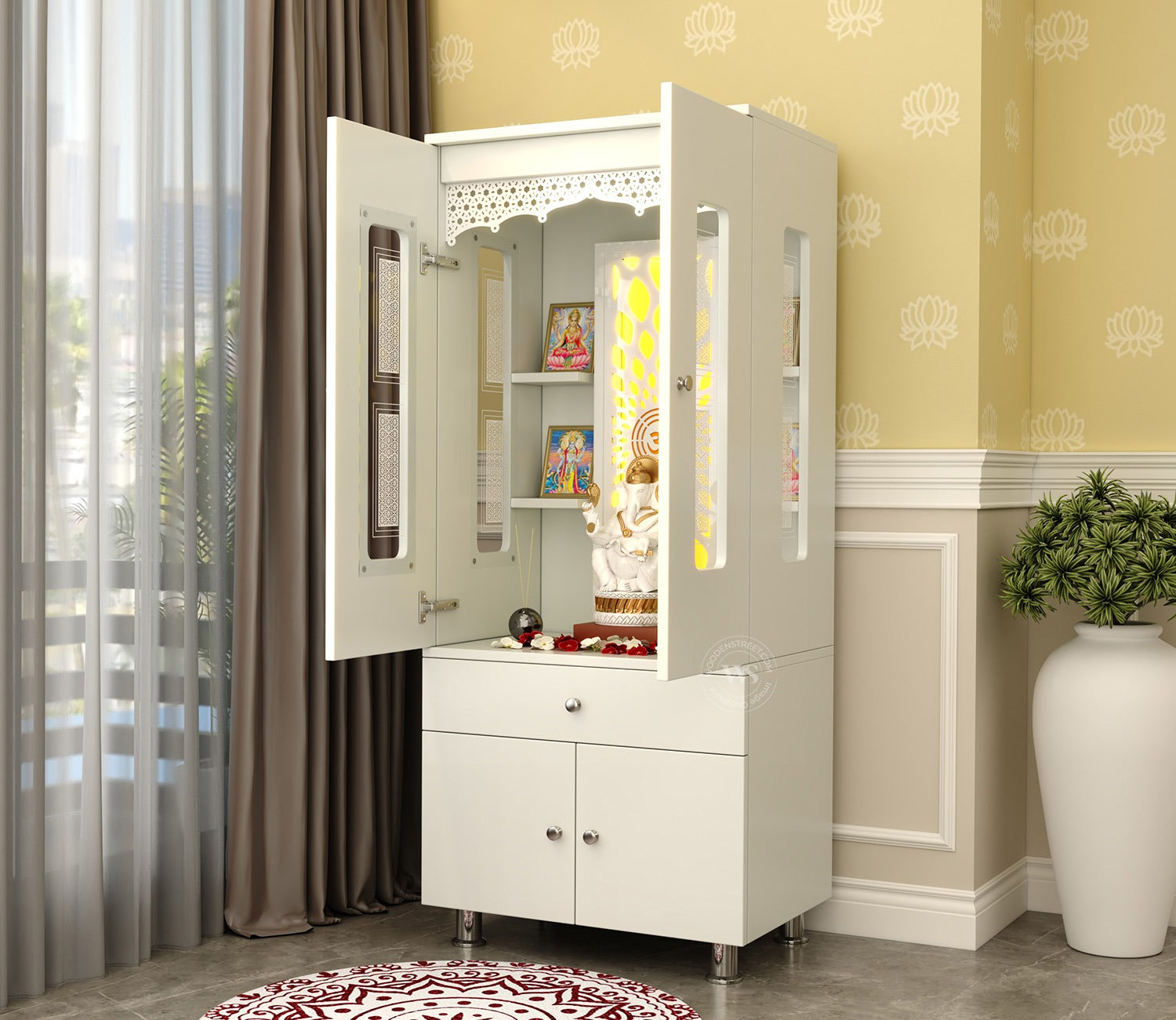 Atharv Engineered Wood Home Temple With Inbuilt LED Light System (White Finish)
